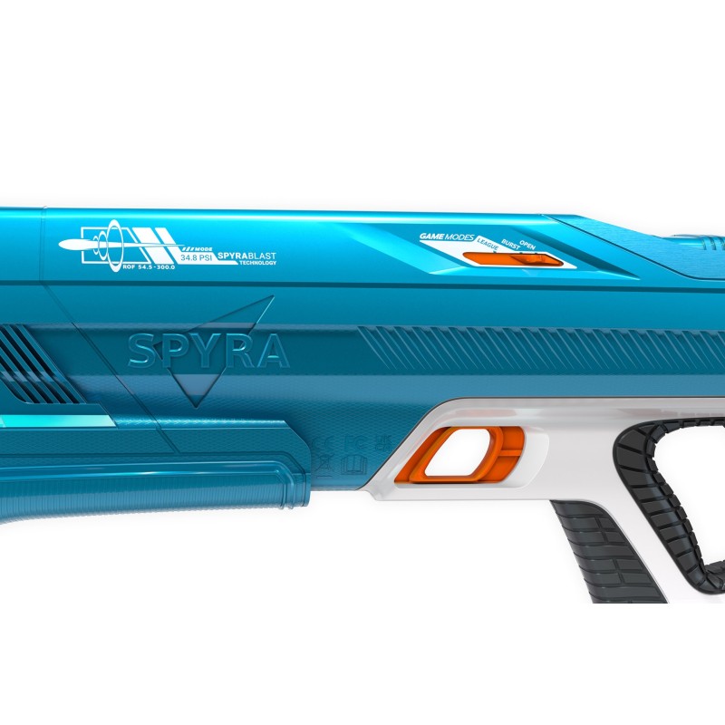 Pistolet à eau Spyra Three LE pour adolescents et adultes, avec corps bleu et poignée noire et blanche, détail d’emplacement et