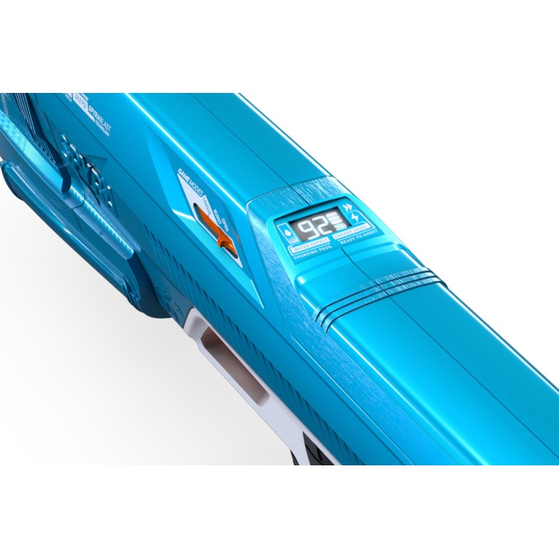 Pistolet à eau Spyra Three LE en bleu vif, vue en angle latérale avec affichage numérique et détails techniques sur le corps.