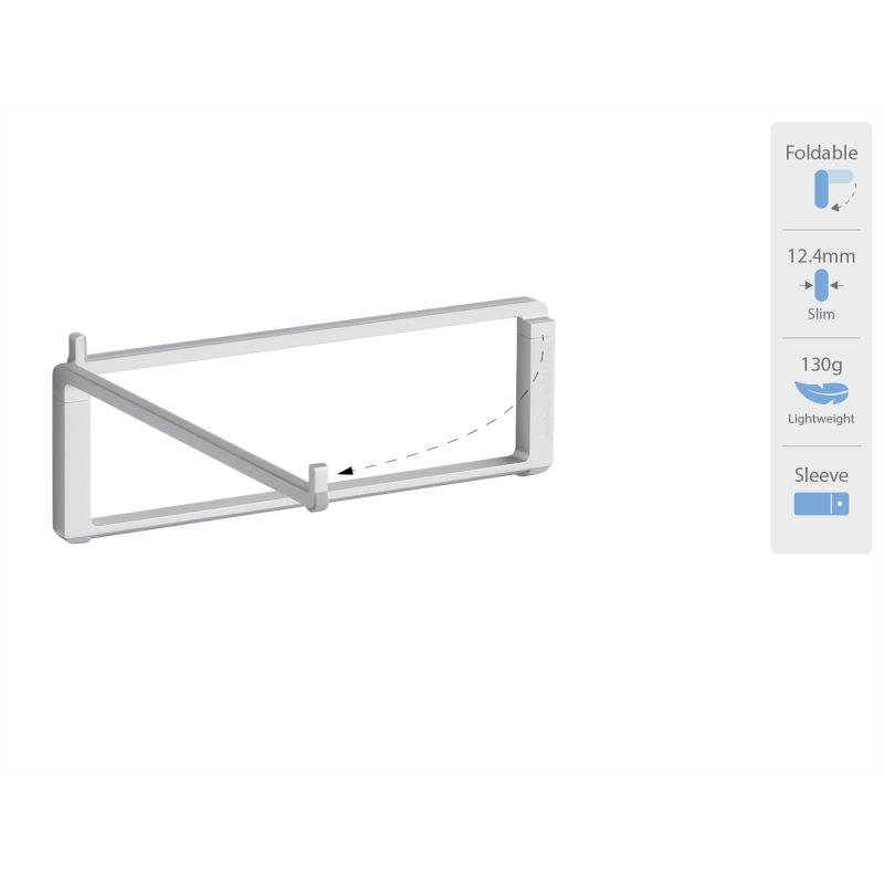 Support pliable mBar pro de Raindesign pour MacBook, cadre métallique pliable avec patte de verrouillage et flèche d’ajustement.