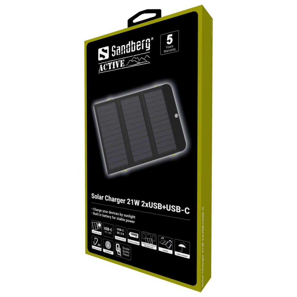 Solar charger 21W 2 x USB + USB-C Sandberg