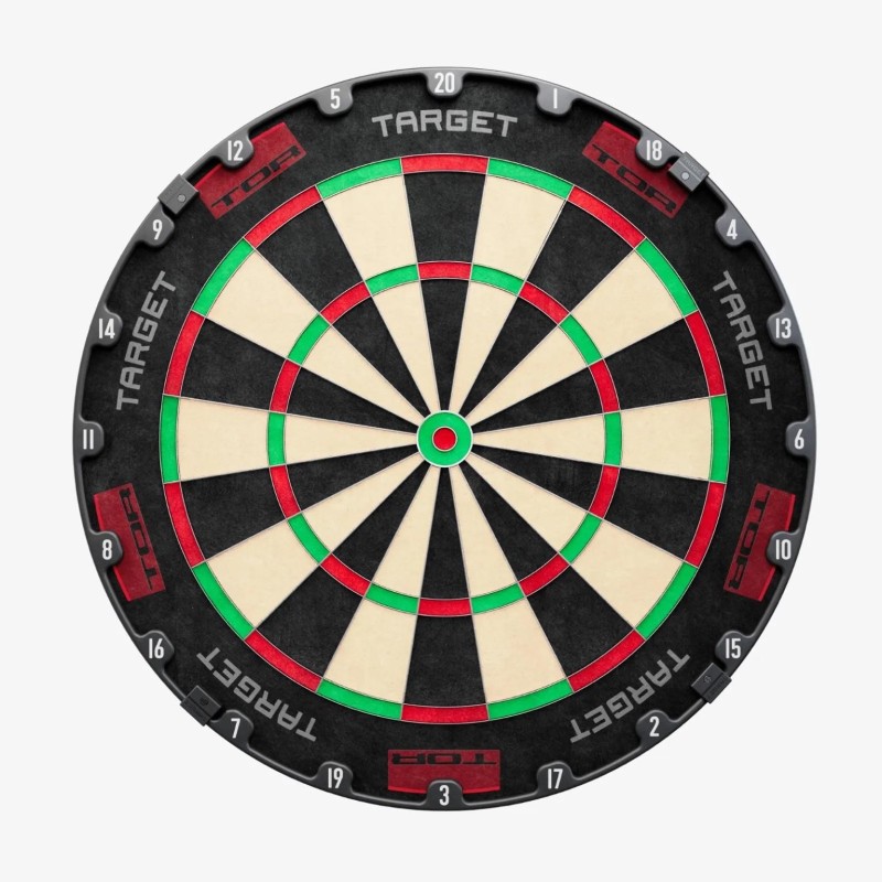 Cible de fléchettes digitale ronde, noir avec zones vertes et rouges, tracé de segments et centre rouge, marque Target TOR, pann