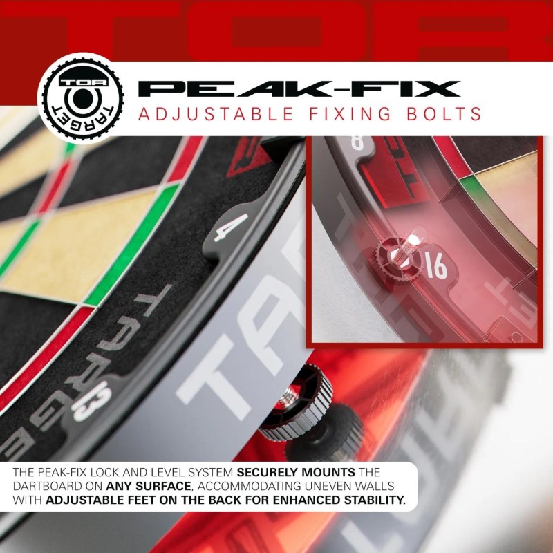 Cible TOR Dartboard: close-up d’une cible de fléchettes avec moletage et réglages, texte « PEAK-FIX Adjustable Fixing Bolts » en