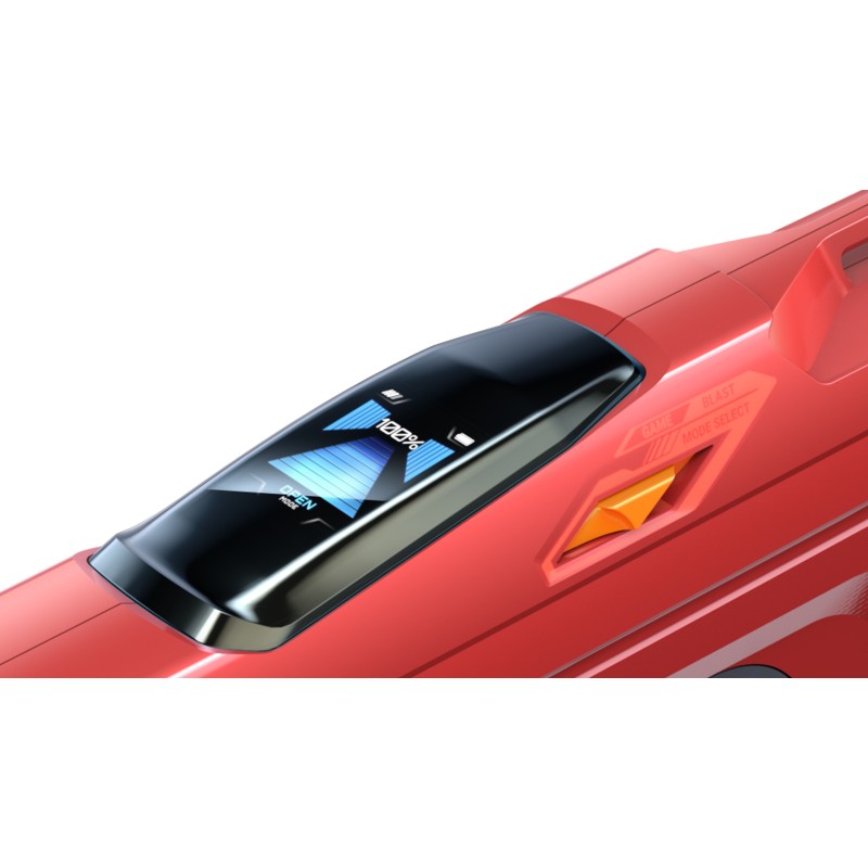 SpyraFour Wasserblaster in leuchtendem Rot mit futuristischem Display und Markierungen wie “BLAST” und “GAME MODE SELECT” im Sei