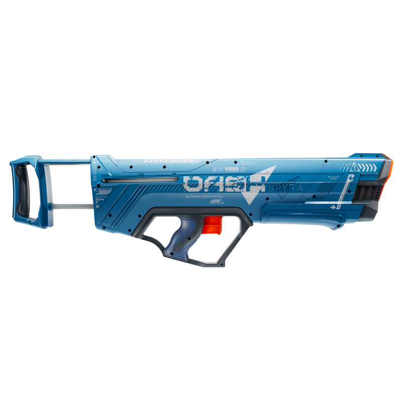 Pistolet à eau haute pression mécanique SPYRA DASH, design bleu futuriste avec grip noir et orange, détail technique sur le corp