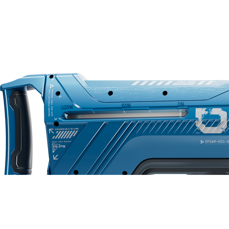 Pistolet à eau haute pression mécanique SPYRA DASH bleu, avec poignée noire, détails techniques et jauges graduées visibles sur