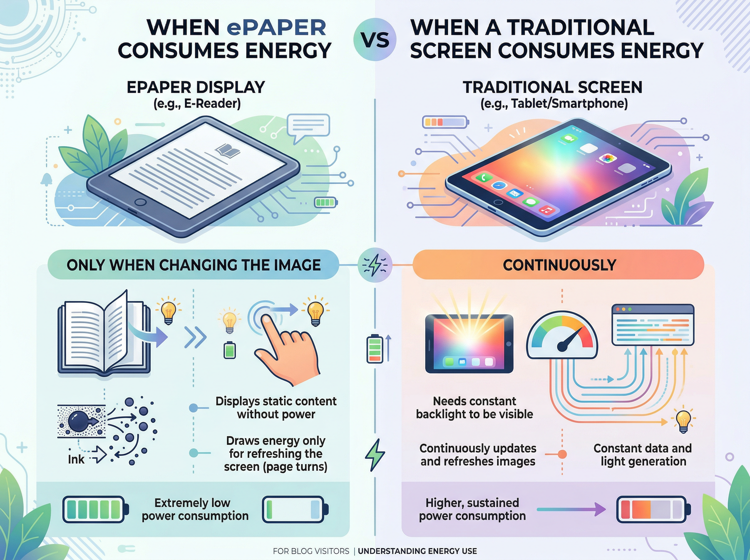 Comparatif illustrant comment fonctionne la technologie ePaper par rapport aux écrans LCD classiques.